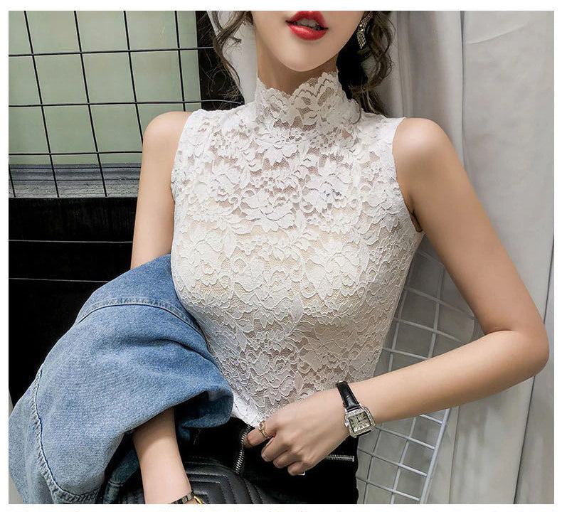 High Stand Collar Lace Sleeveless Tops