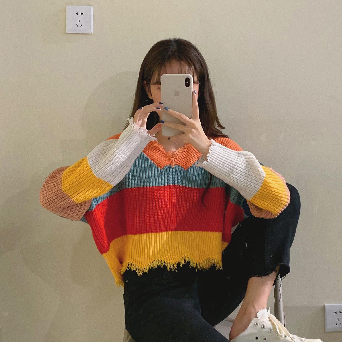 V-Neck Colorful Striped Tassel Sweater