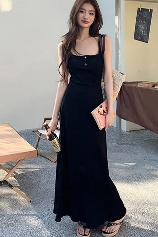 Square Collar Buttons Sleeveless Off Shoulder Long Dress