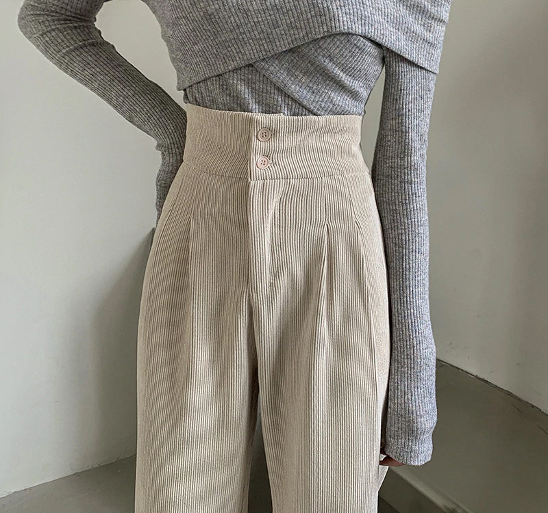 High Waist Double Button Long Casual Corduroy Pants