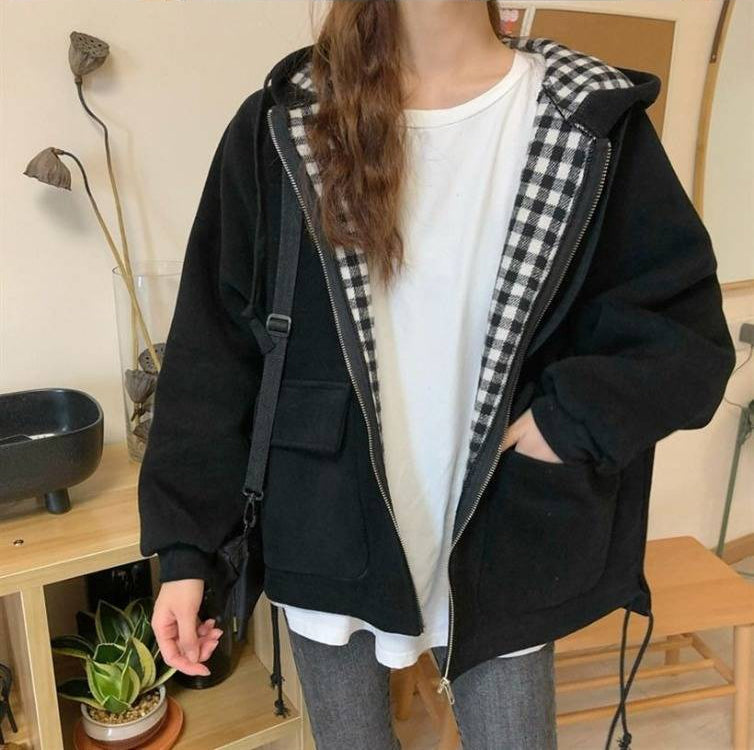 Loose Plaid Side Hooded Jacket