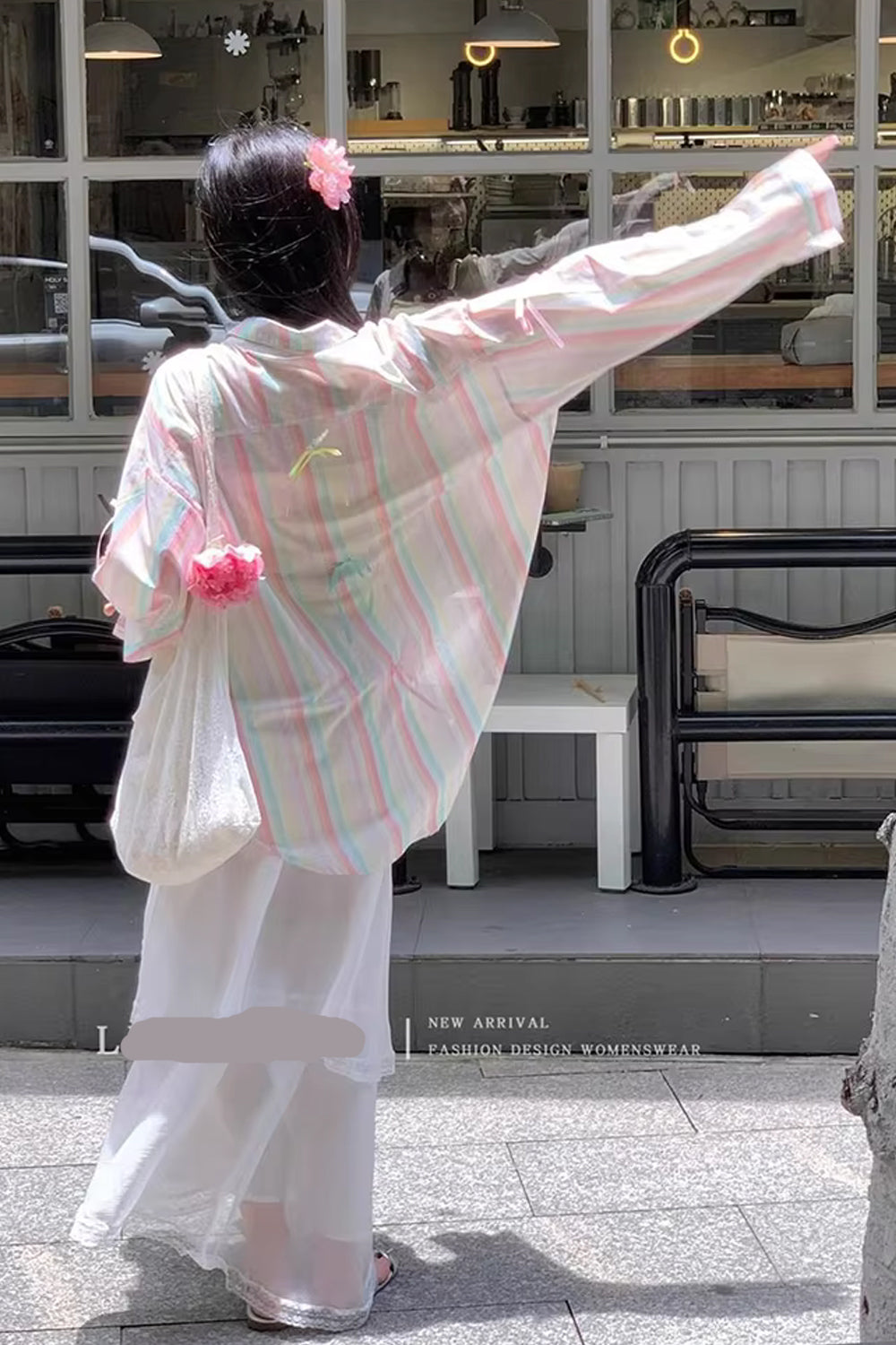 Long Sleeve Rainbow Striped With Cute Bow Blouse Shirt