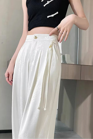 Loose Flowers Pattern Jacquard Satin Pants