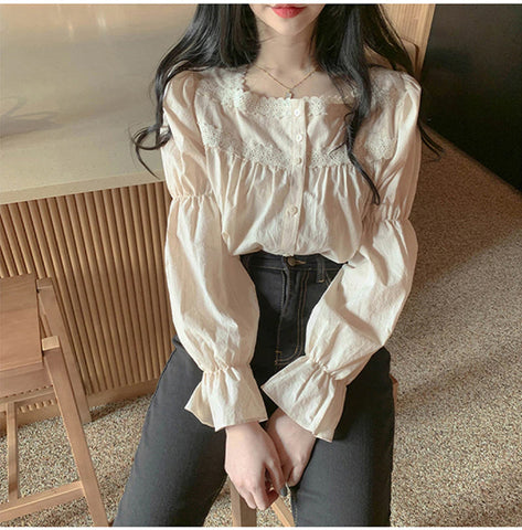 Long Puff Sleeve Square Collar Lace Blouse Shirt