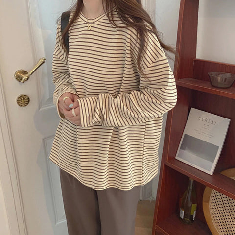 Long Sleeve Coffee Colors Striped Loose Shirt
