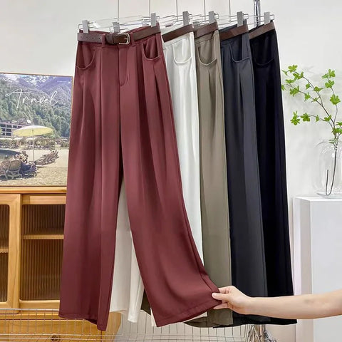 High Waist Loose Straight Office Long Pants With Belt