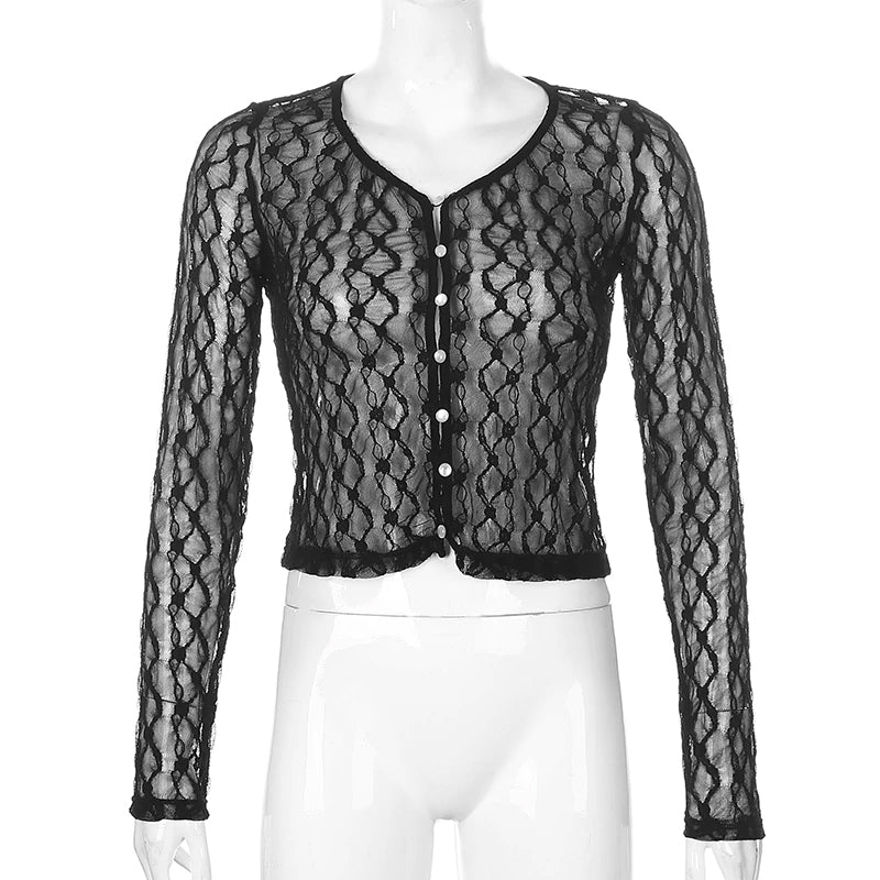 Sexy transparentes Langarmshirt aus Spitzennetz