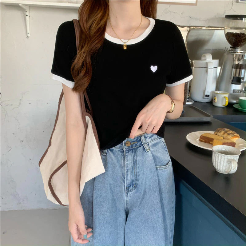 Ringer-Shirt mit Herztaschen-Stickerei 
