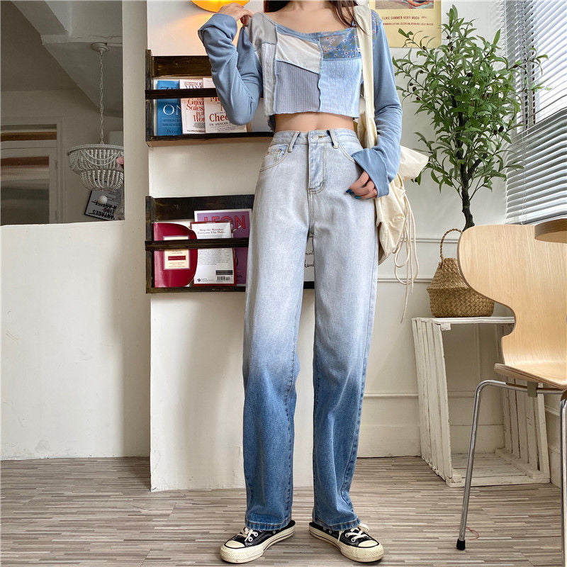 High Waist Gradient Loose Long Jeans