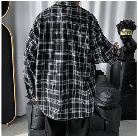 Long Sleeve Black Plaid Hip Hop Men Shirts