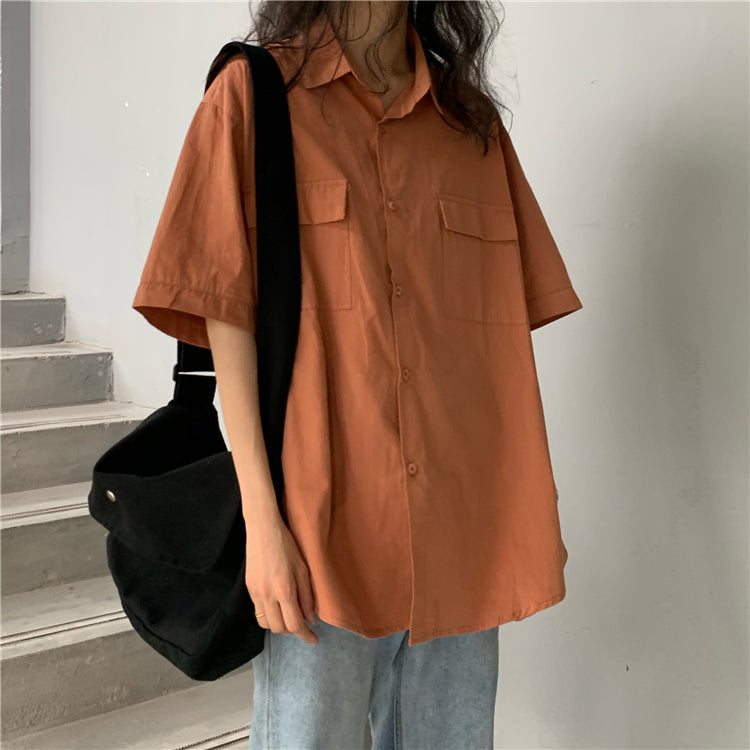 Double Pockets Retro Short Sleeve Blouse Shirts