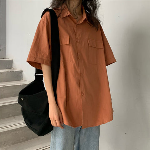 Double Pockets Retro Short Sleeve Blouse Shirts