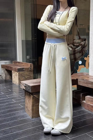 Cute Bow Plaid Waist Patchwork Loose Pants