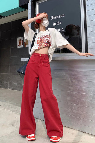 High Waist Casual Red Colors Long Pants