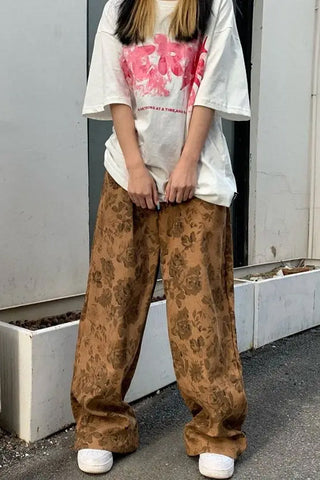 High Waist Flowers Pattern Corduroy Pants