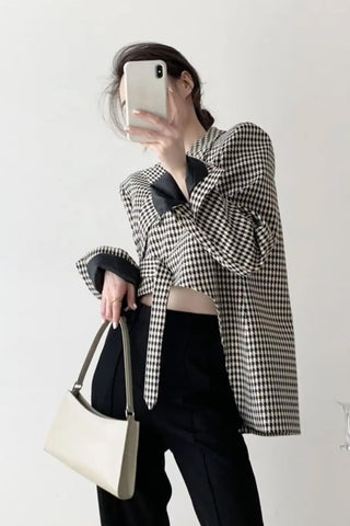 Long Sleeve Elegant Plaid Irregular Cropped Blazers