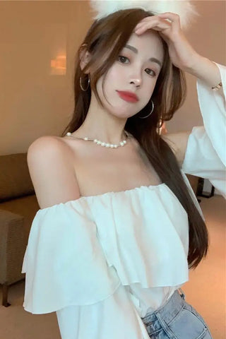 Long Sleeve Sexy Off Shoulder Ruffle Cropped Shirt