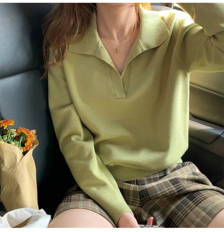 Basic Colors Turn Down Collar Long Sleeve Sweater