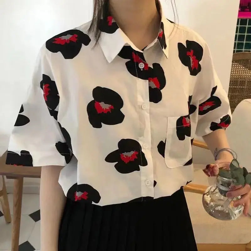 Short Sleeve Cartoon Floral Printed Retro Blouse Shirt