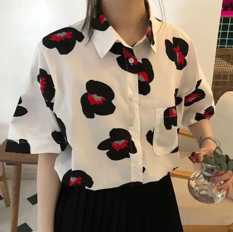 Short Sleeve Cartoon Floral Printed Retro Blouse Shirt