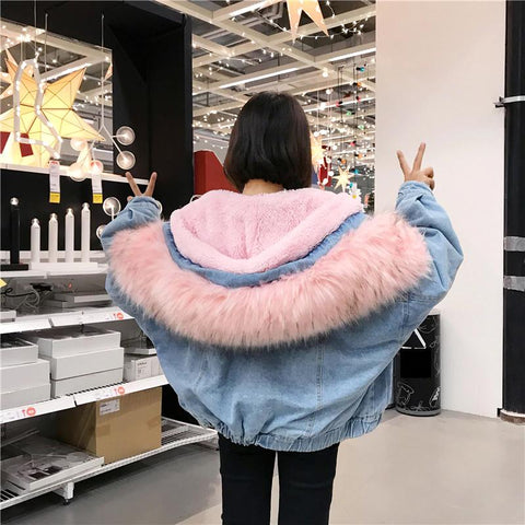 Denim Jacket With Fur Trim Hood