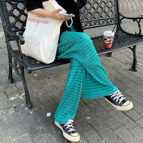 High Waist Green Hip Hop Plaid Pants