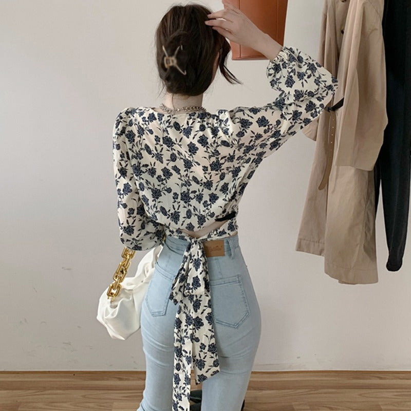 Long Sleeve V-Neck Chiffon Floral Shirt