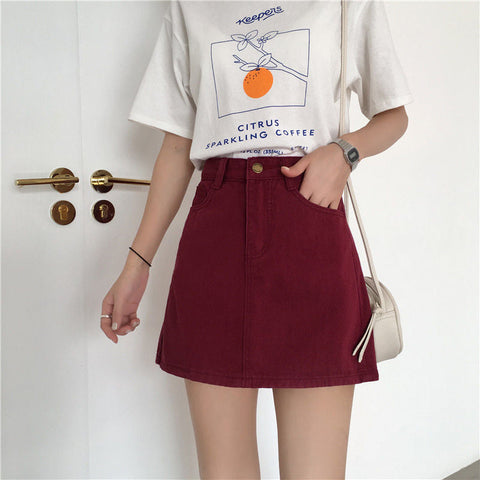 High Waist Solid A-Line Burgundy Skirt