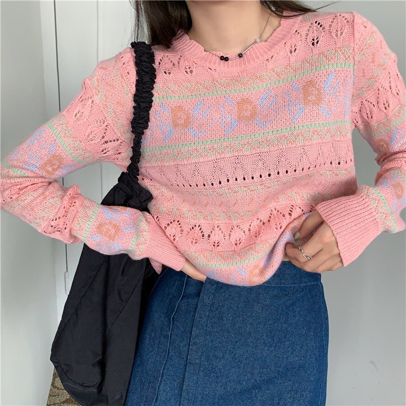 O-Neck Flowers Printed Hollow Sweater