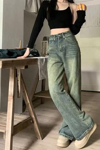 High Waist Vintage Washed Long Jeans Pants