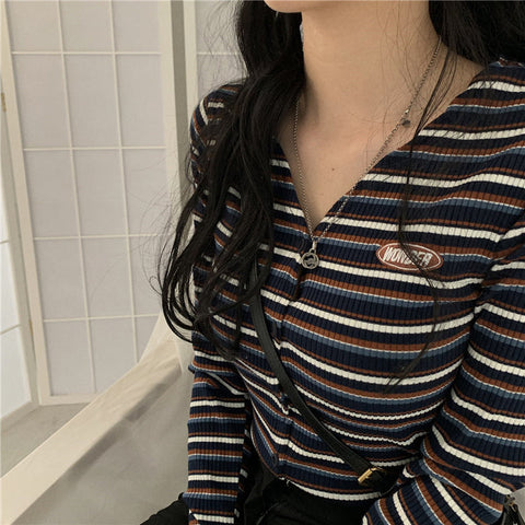 Chic V-Neck Striped Retro Sweater