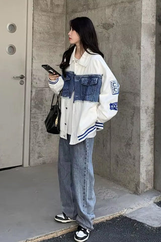 Long Sleeve Denim Patchwork Embroidered Baseball Jacket