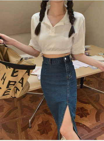 High Waist Long Split Denim Jeans Skirts