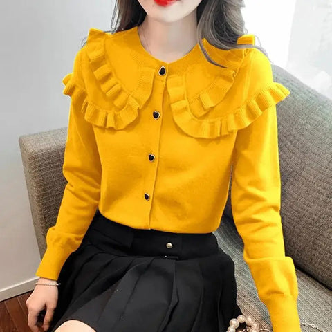 Solid Ruffles Peter Pan Collar Slim Sweater