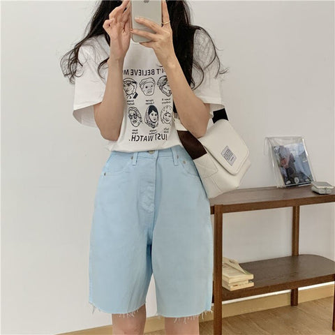 High Waist Wide Leg Pastel Colors Shorts Jeans