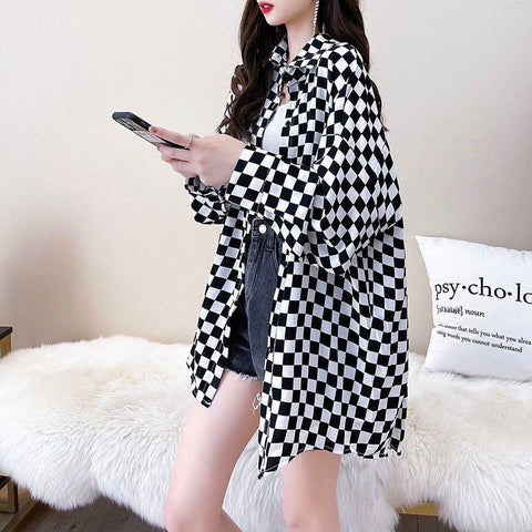 Long Sleeve Casual Chess Plaid Blouse Shirt
