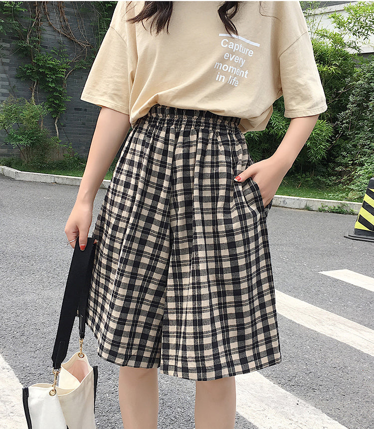 Elastic Waist Plaid Style Loose Shorts Pants