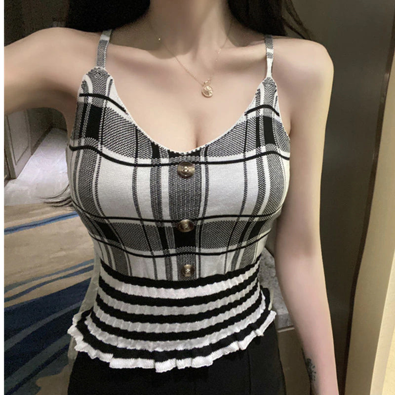 Ruffles Knitted Plaid Button Crop Tops