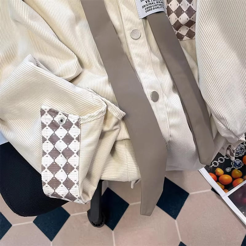 Long Sleeve Argyle Pattern Tie Corduroy Shirts