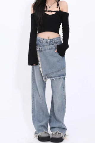 High Waist Design Irregular Tassel Jeans Pants