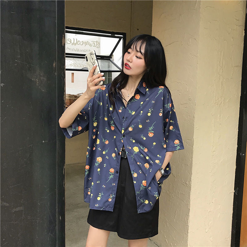 Flowers Pattern Short Sleeve Blouse Shirt