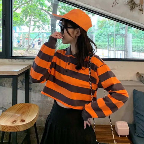 Long Sleeve Polo Collar Striped Crop Shirt