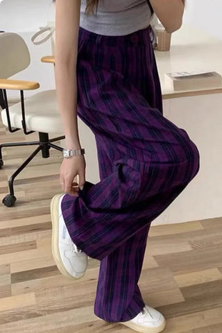 High Waist Long Casual Purple Plaid Pants