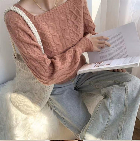 Long Sleeve Slim Square Collar Knitted Sweater