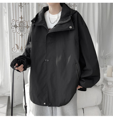 High Neck Hooded Cargo Windbreaker Jacket