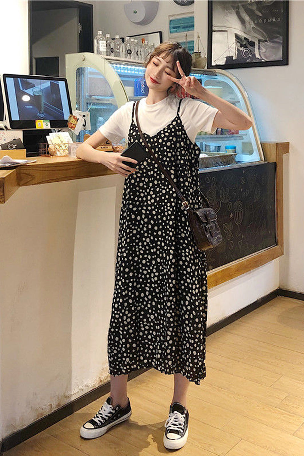 Sleeveless Dot Pattern Strappy Long Dress