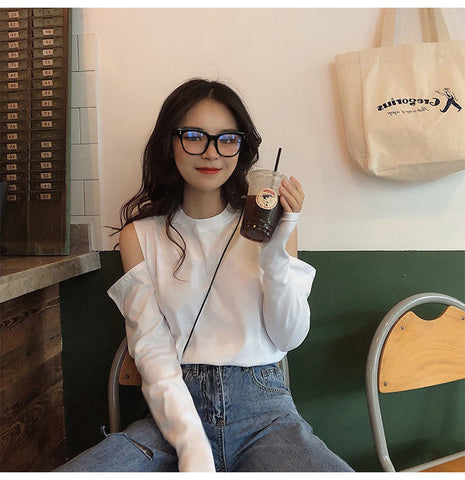 Cut Off Shoulder Long Sleeve Casual Shirt