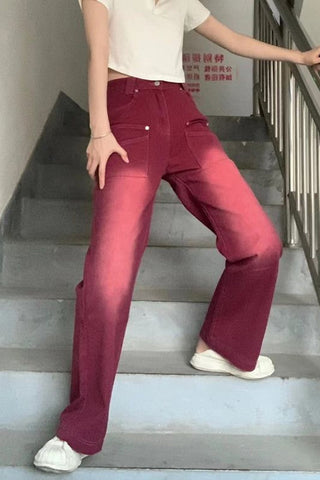 High Waist Retro Red Denim Long Pants