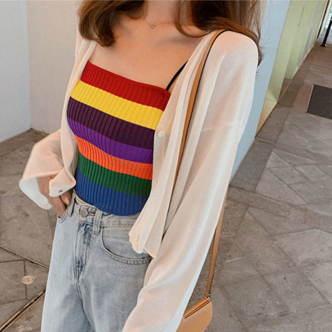 Rainbow Striped Straps Camis Knitted Tank Top