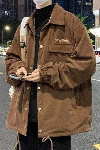 Letter Embroidered Turn Down Collar Corduroy Men Jacket
